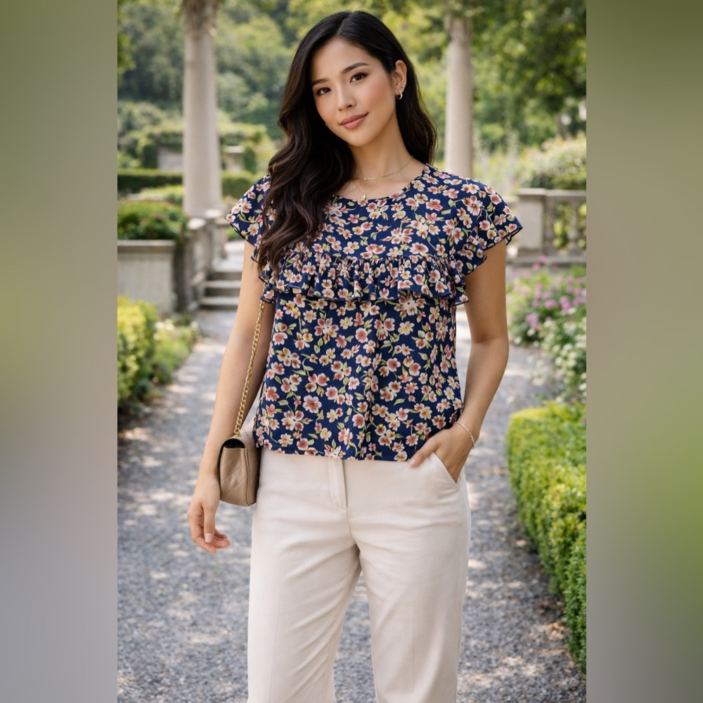 Amour Vert Garden Floral Ruffle Blouse Made in USA Organic Cotton Spring